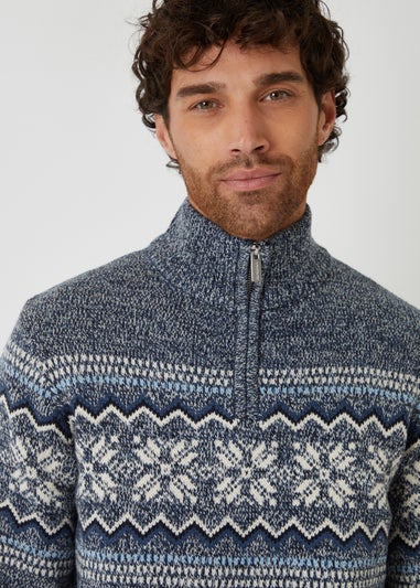 Threadbare Navy Fairisle Knitted Quarter Zip Jumper
