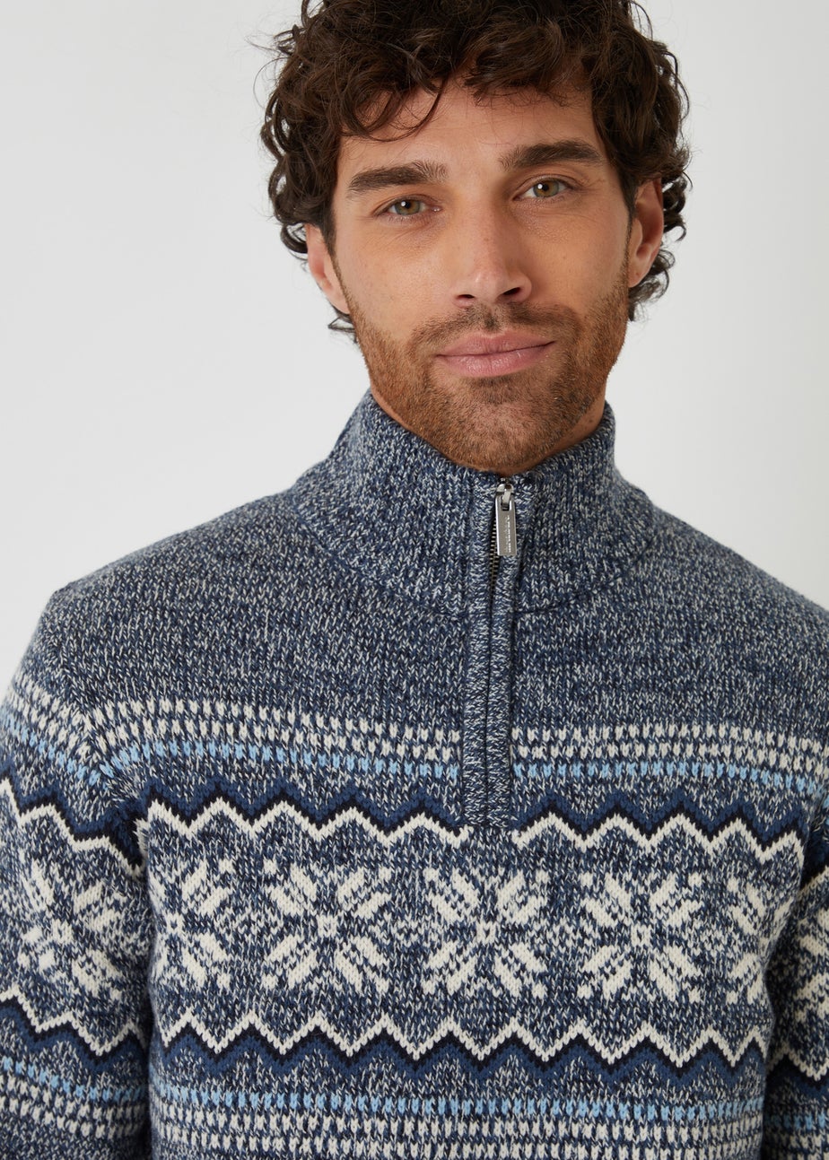 Threadbare Navy Fairisle Knitted Quarter Zip Jumper