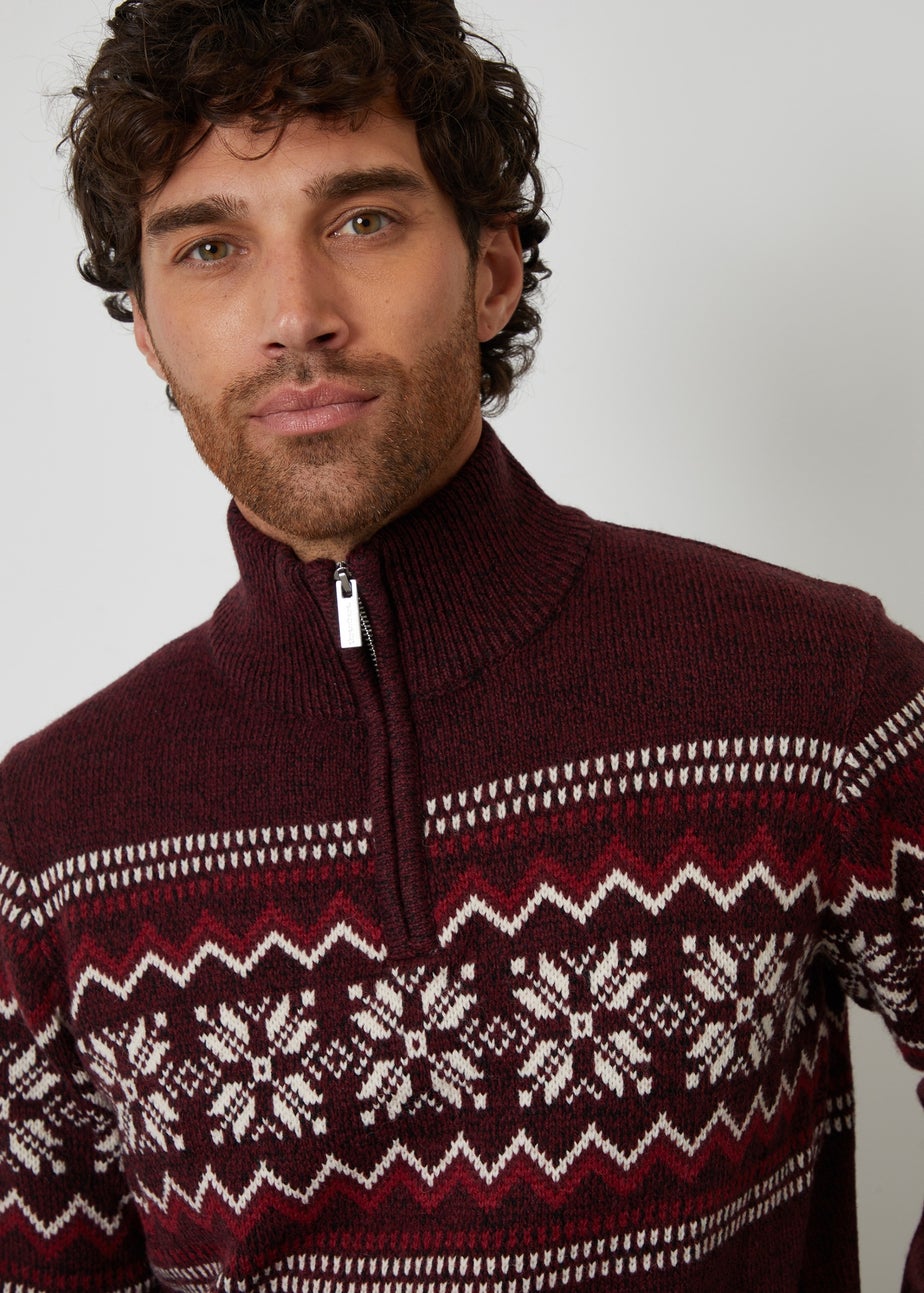 Threadbare Burgundy Fairisle Knitted Quarter Zip Jumper