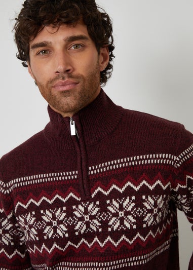 Threadbare Burgundy Fairisle Knitted Quarter Zip Jumper