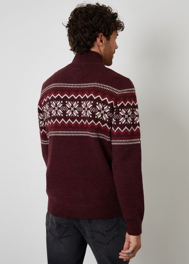 Threadbare Burgundy Fairisle Knitted Quarter Zip Jumper
