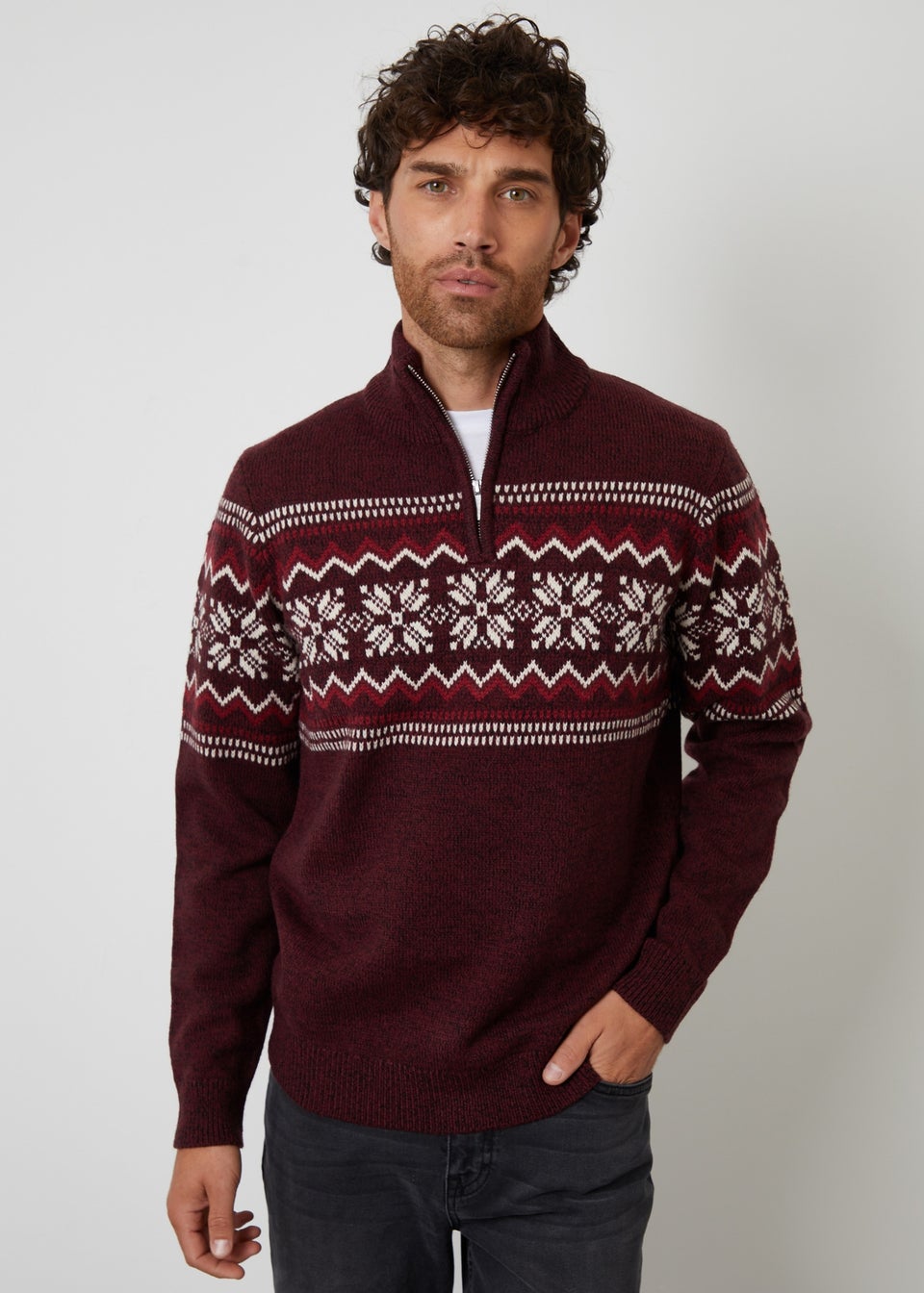 Threadbare Burgundy Fairisle Knitted Quarter Zip Jumper