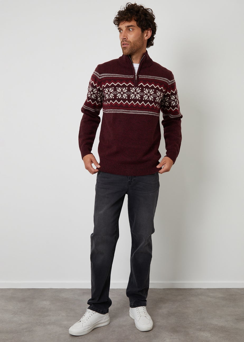 Threadbare Burgundy Fairisle Knitted Quarter Zip Jumper