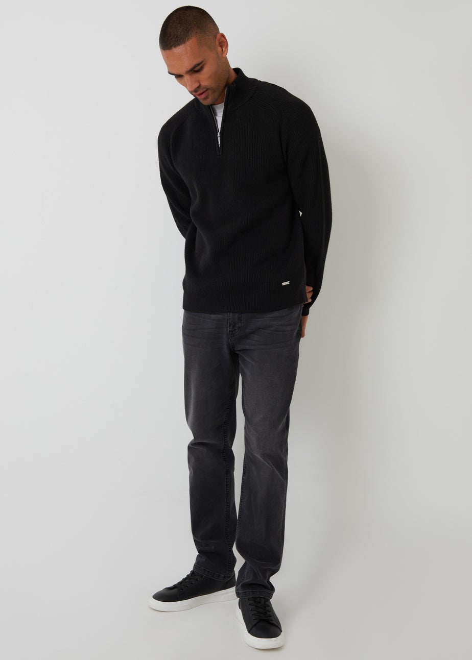 Threadbare Black Cotton Blend Rib Panel Quarter Zip Knitted Jumper