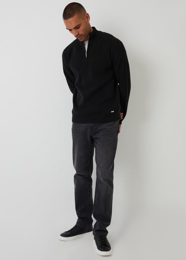Threadbare Black Cotton Blend Rib Panel Quarter Zip Knitted Jumper
