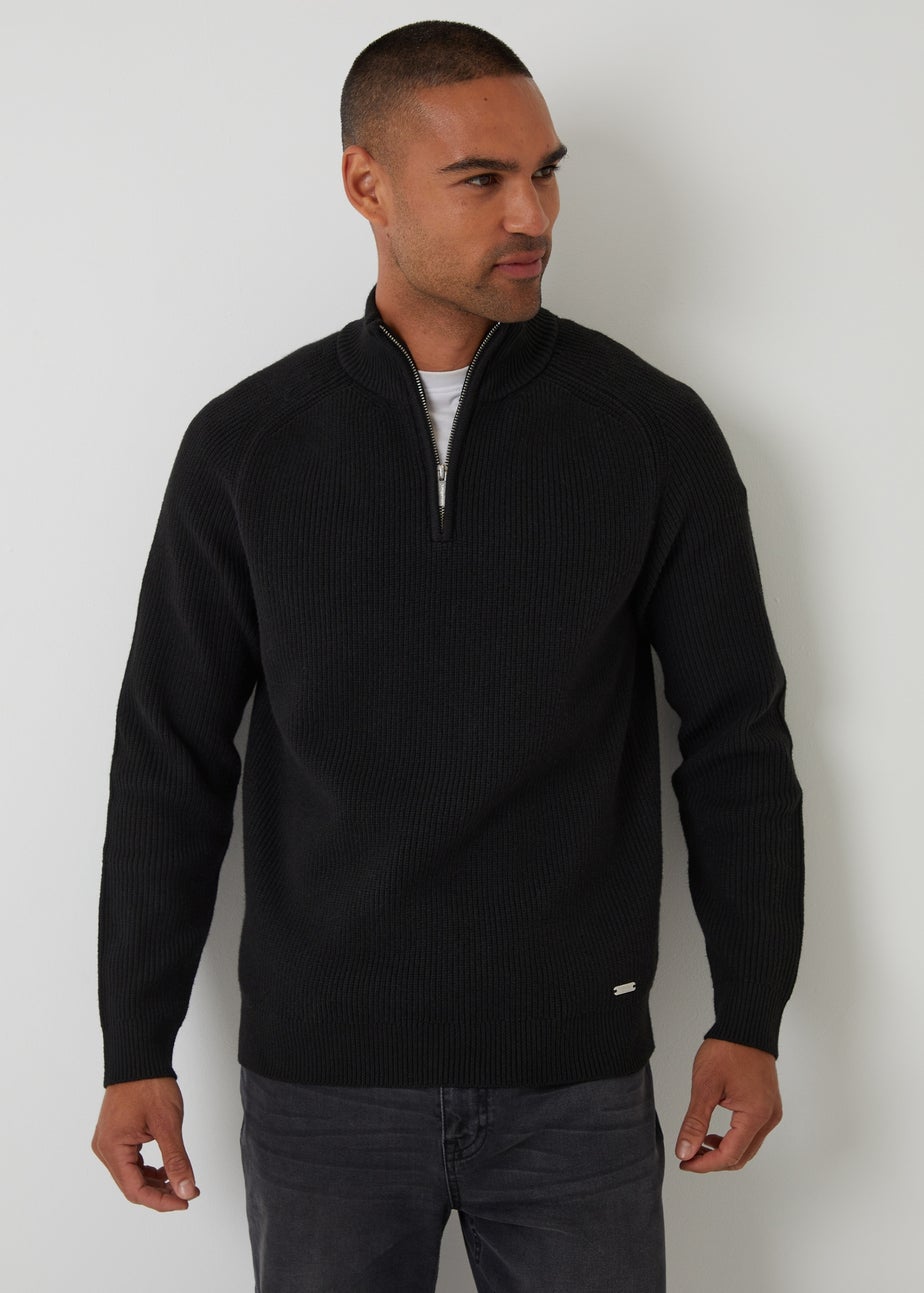 Threadbare Black Cotton Blend Rib Panel Quarter Zip Knitted Jumper