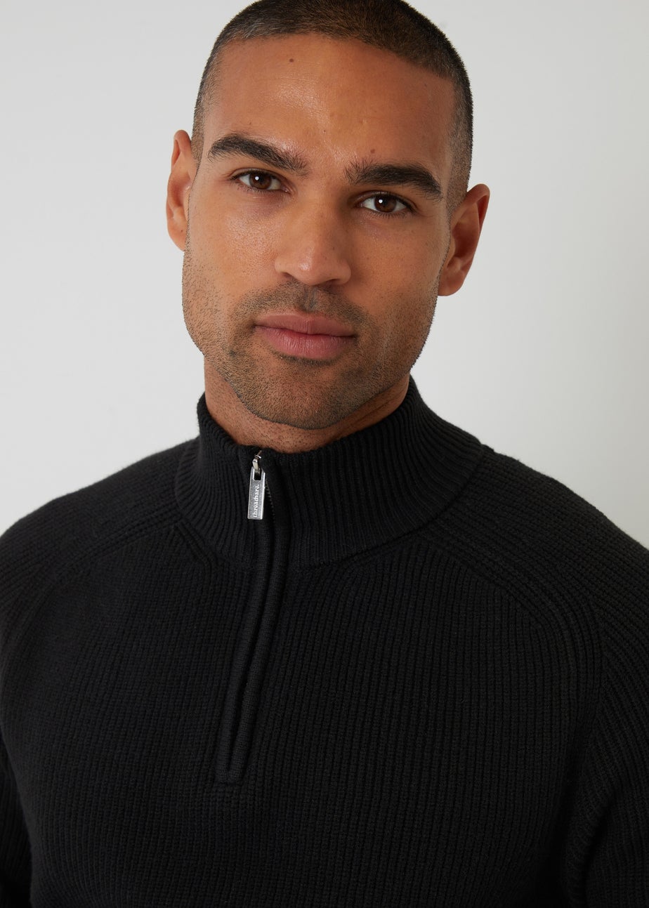 Threadbare Black Cotton Blend Rib Panel Quarter Zip Knitted Jumper