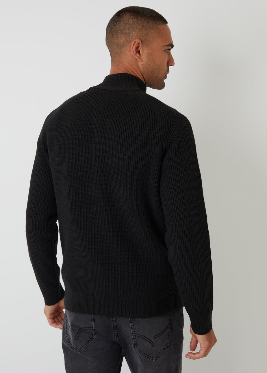 Threadbare Black Cotton Blend Rib Panel Quarter Zip Knitted Jumper