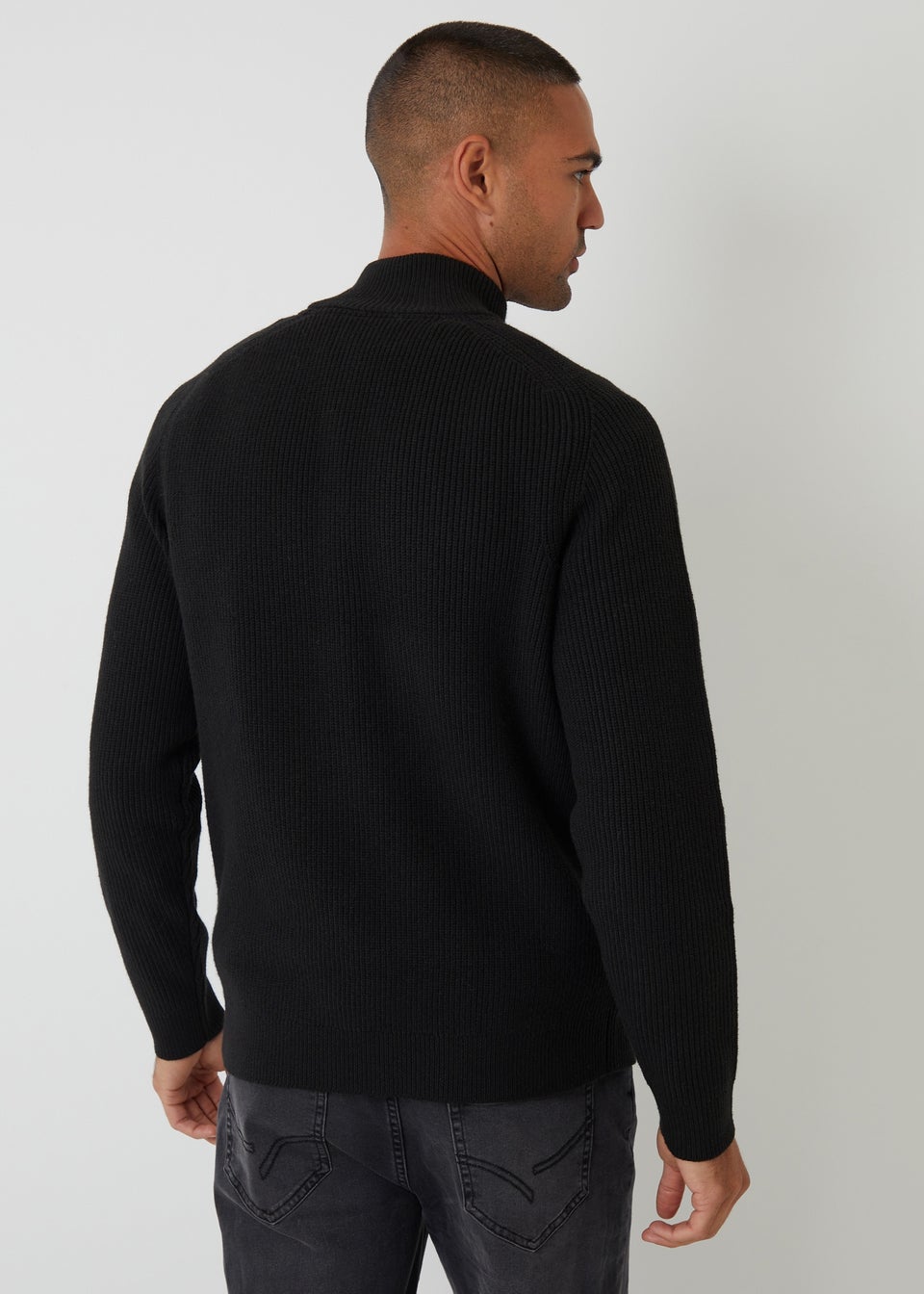 Threadbare Black Cotton Blend Rib Panel Quarter Zip Knitted Jumper