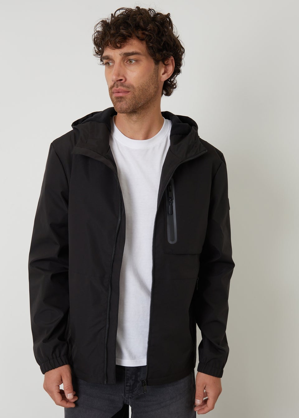 Threadbare Black Showerproof Hooded Microfleece Lined Jacket
