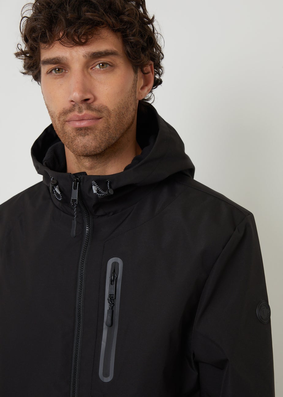 Threadbare Black Showerproof Hooded Microfleece Lined Jacket