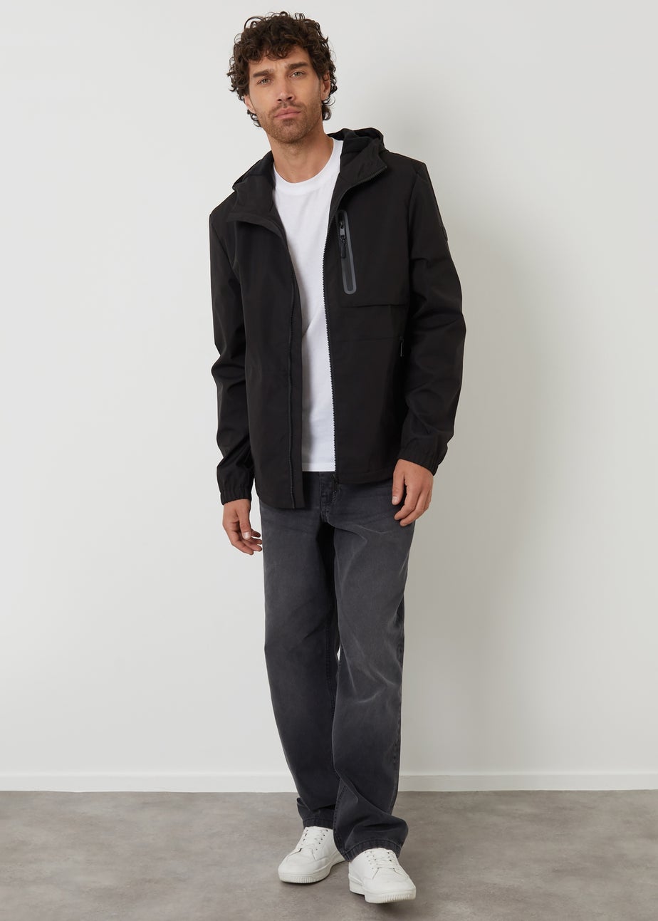 Threadbare Black Showerproof Hooded Microfleece Lined Jacket