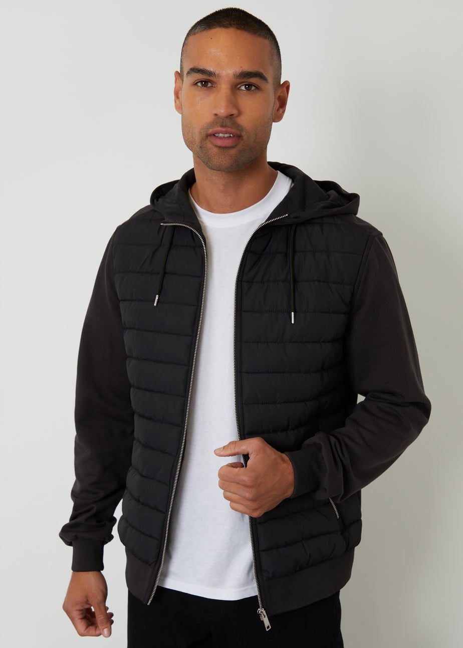 Threadbare Black Quilted Hybrid Hooded Jacket
