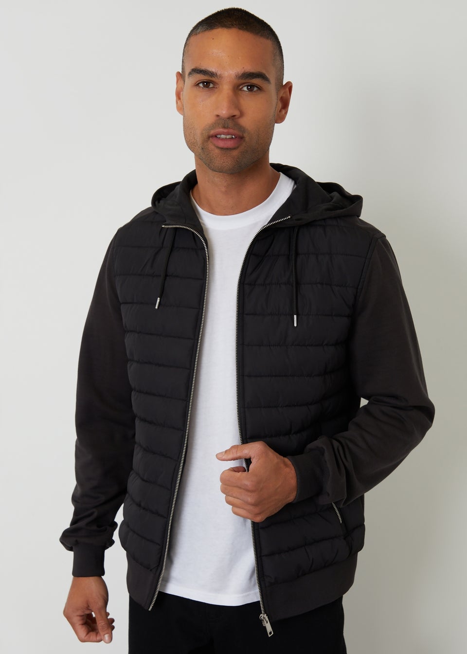 Threadbare Black Quilted Hybrid Hooded Jacket