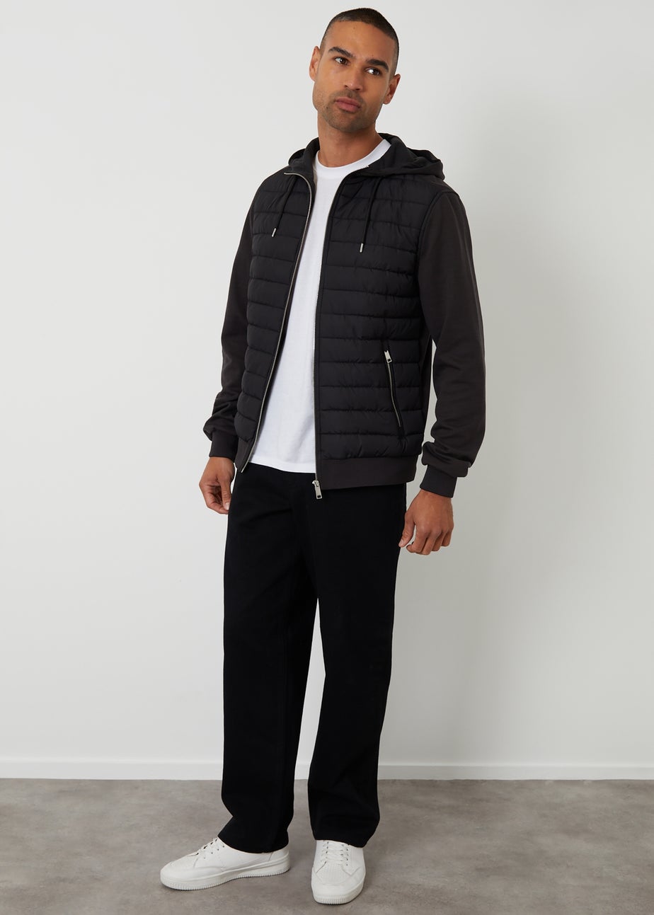 Threadbare Black Quilted Hybrid Hooded Jacket