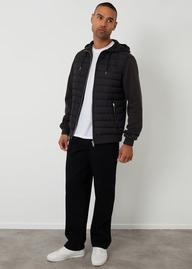 Threadbare Black Quilted Hybrid Hooded Jacket