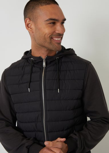 Threadbare Black Quilted Hybrid Hooded Jacket