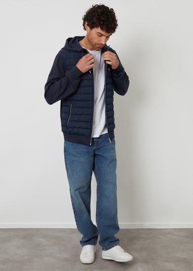 Threadbare Navy Quilted Hybrid Hooded Jacket
