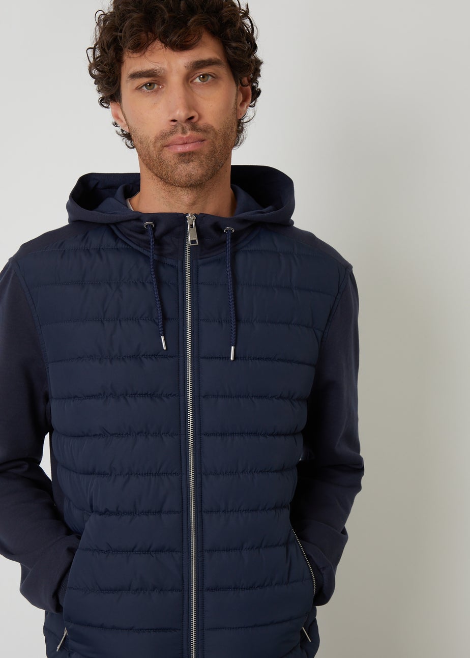 Threadbare Navy Quilted Hybrid Hooded Jacket