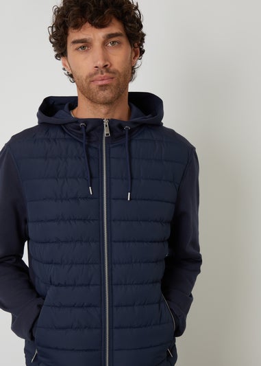 Threadbare Navy Quilted Hybrid Hooded Jacket