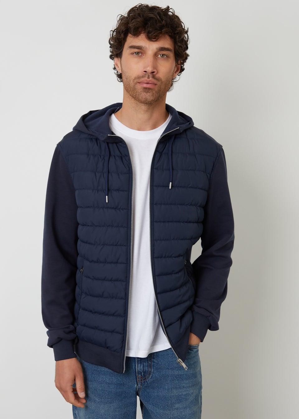Threadbare Navy Quilted Hybrid Hooded Jacket