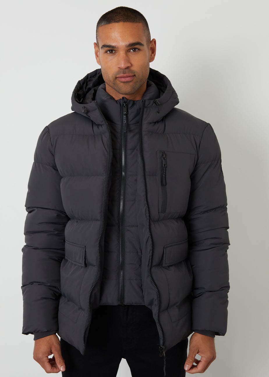 Threadbare Dark Grey Showerproof Double Layer Puffer Jacket