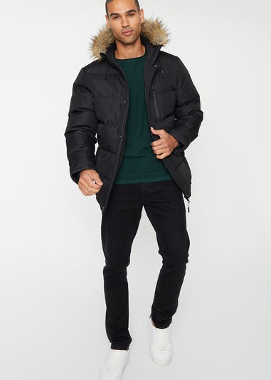 Threadbare Black Showerproof Hooded Padded Parka Jacket