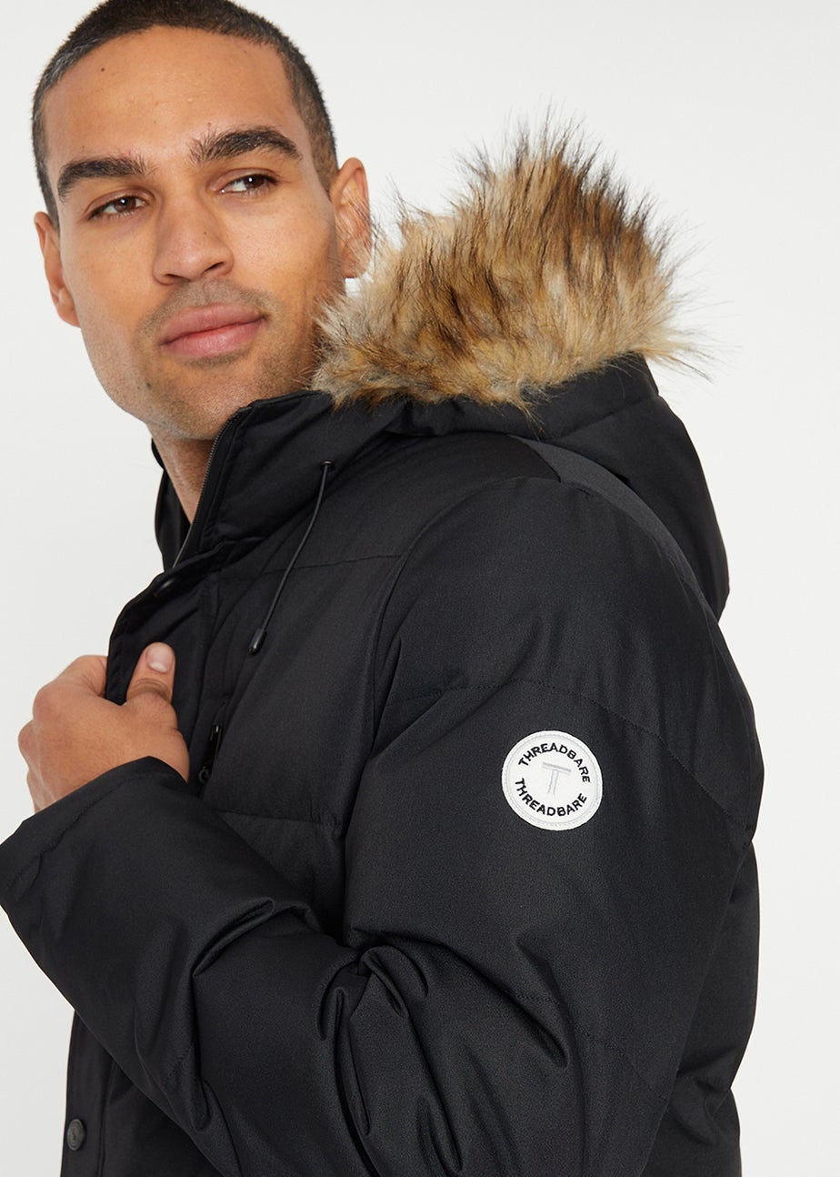Threadbare Black Showerproof Hooded Padded Parka Jacket