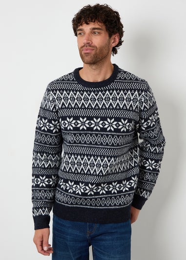 Threadbare Navy Fairisle Crew Neck Christmas Jumper