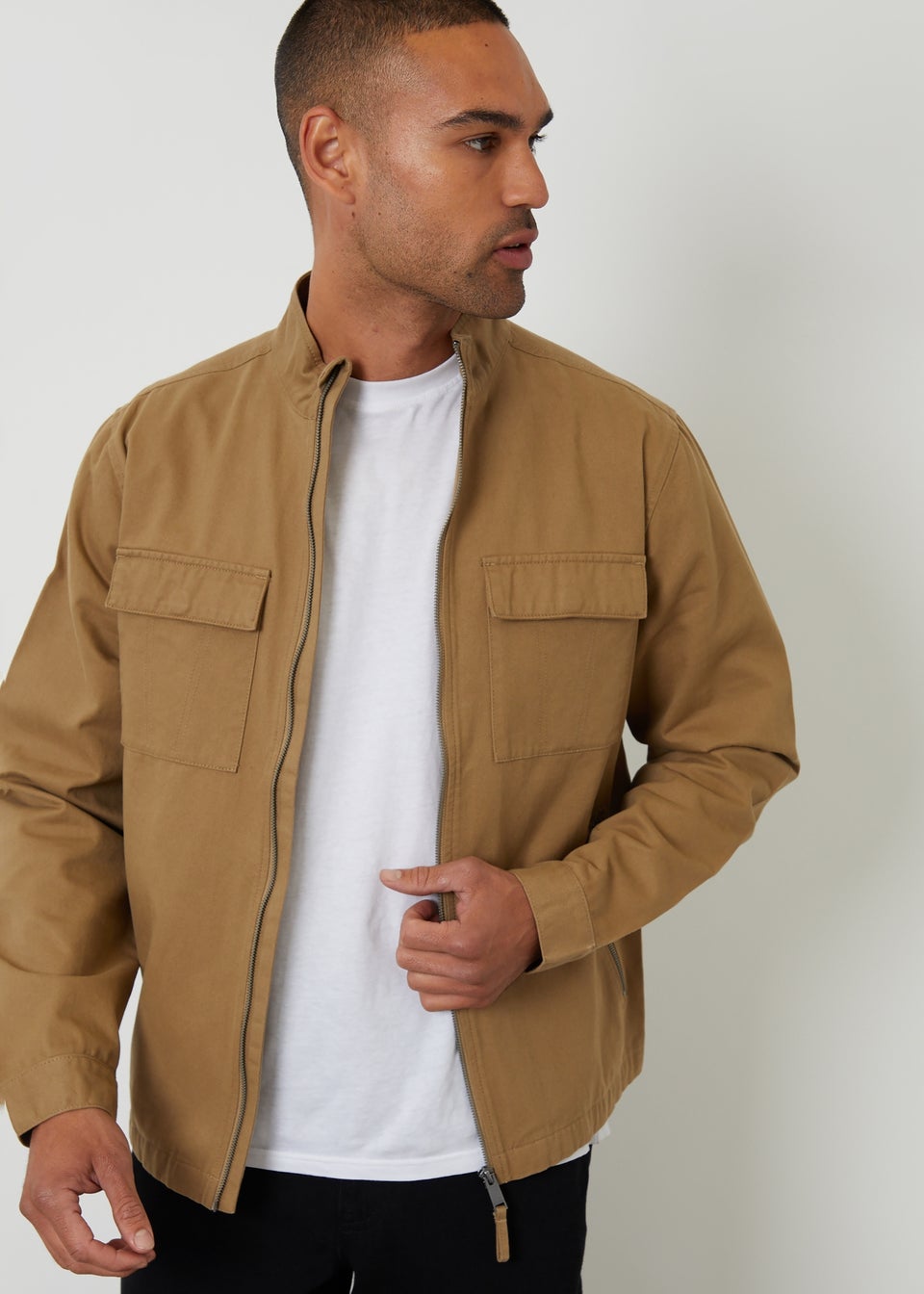 Threadbare Stone Cotton Twill Lightweight Funnel Neck Jacket