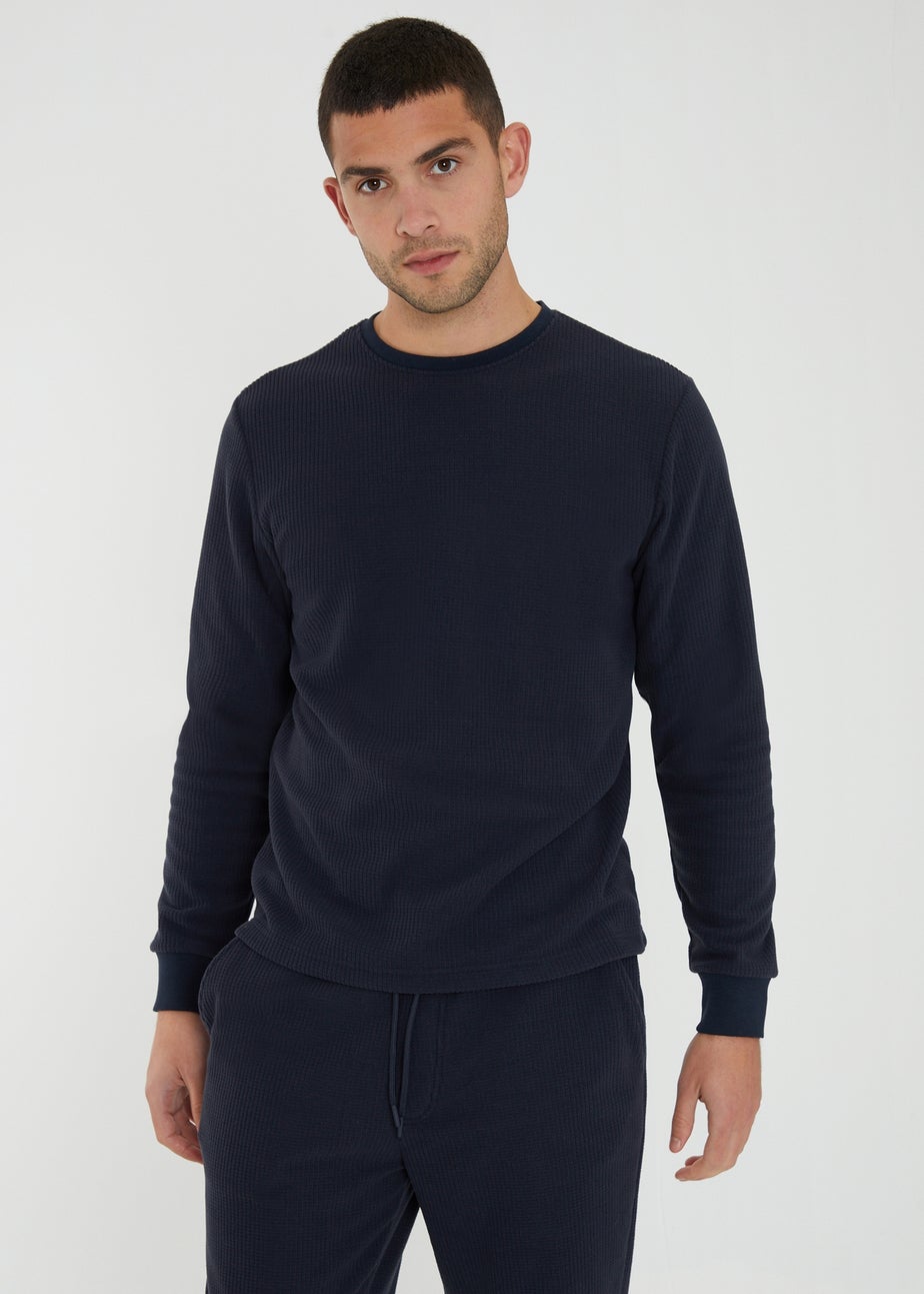 Threadbare Navy Fentun Waffle Textured Fleece Loungewear Set