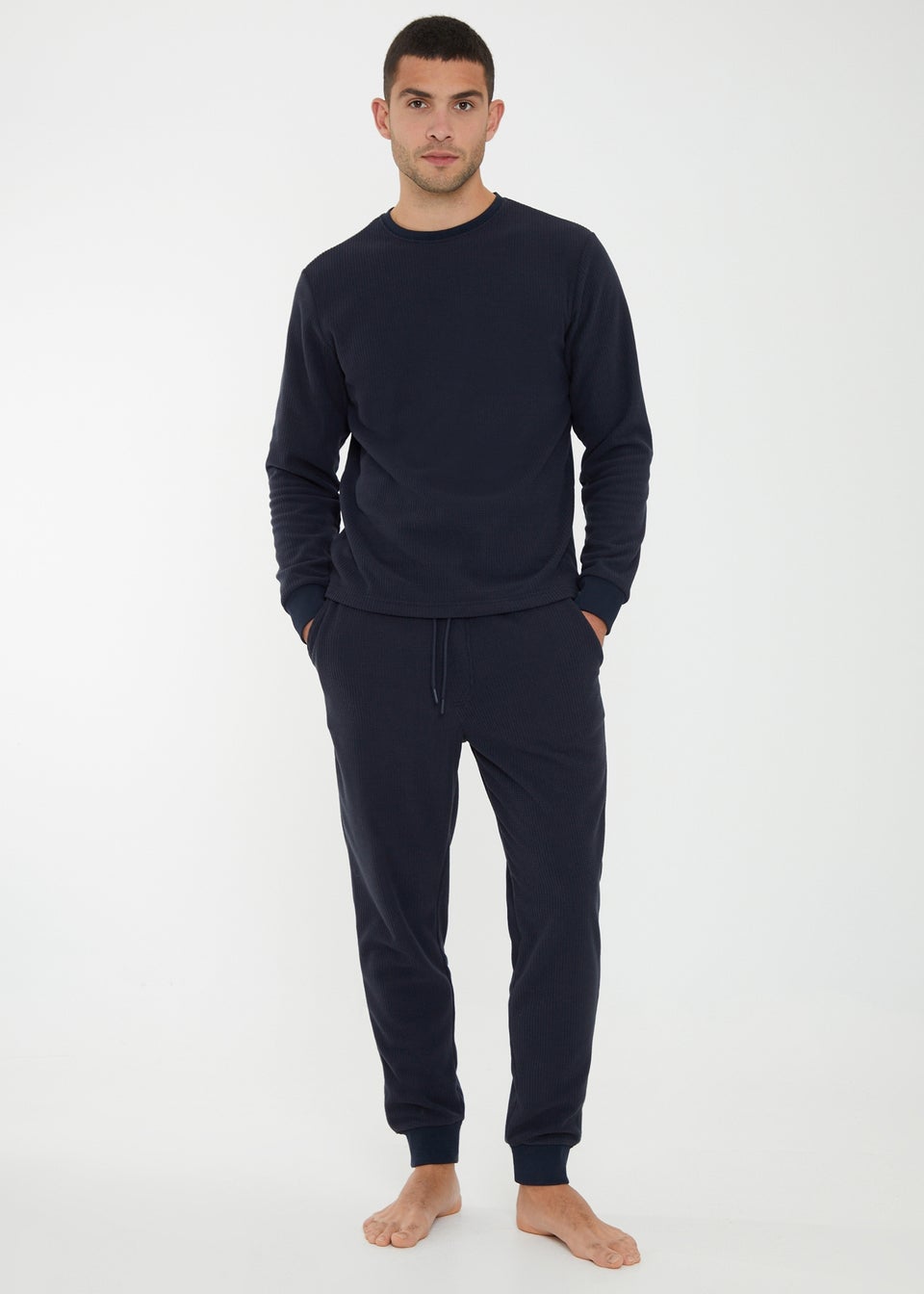 Threadbare Navy Fentun Waffle Textured Fleece Loungewear Set