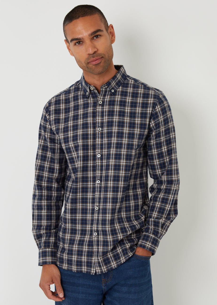 Threadbare Navy Brushed Flannel Check Long Sleeve Shirt