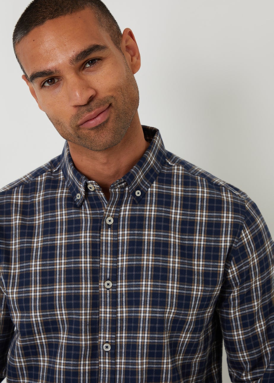 Threadbare Navy Brushed Flannel Check Long Sleeve Shirt