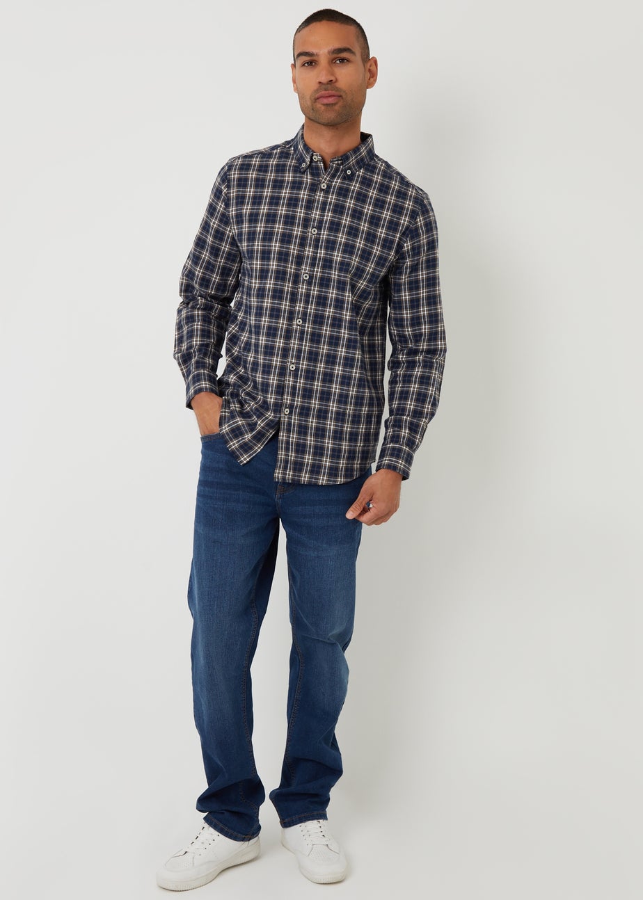 Threadbare Navy Brushed Flannel Check Long Sleeve Shirt