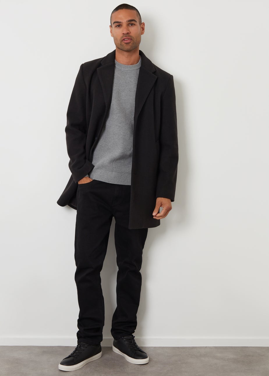 Threadbare Black Faux Wool Overcoat