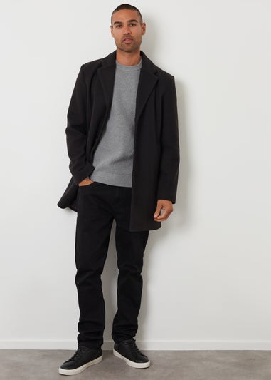 Threadbare Black Faux Wool Overcoat