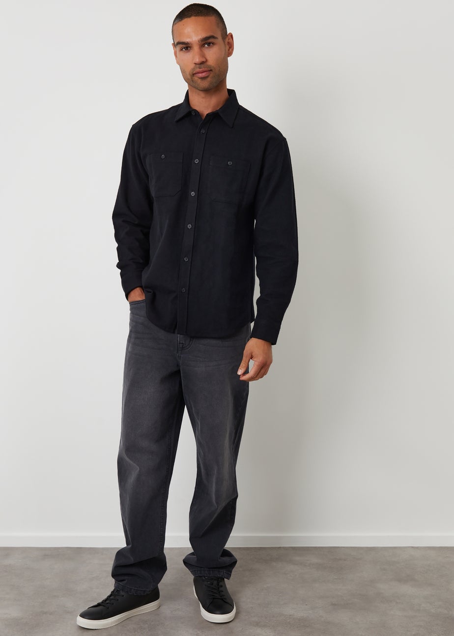 Threadbare Black Cotton Flannel Relaxed Fit Shirt