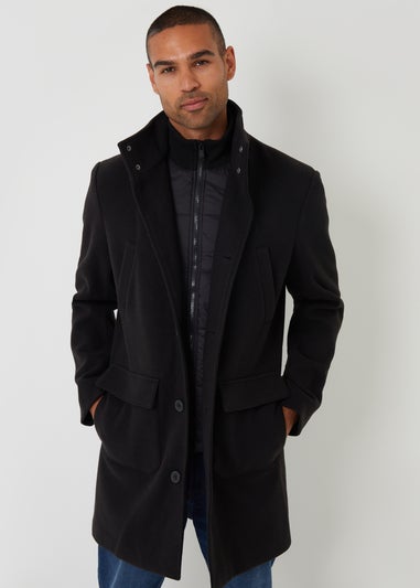 Threadbare Black Faux Wool Mock Layer Longline Utility Coat