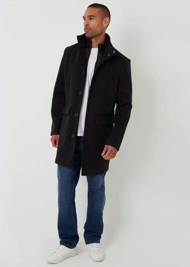 Threadbare Black Faux Wool Mock Layer Longline Utility Coat