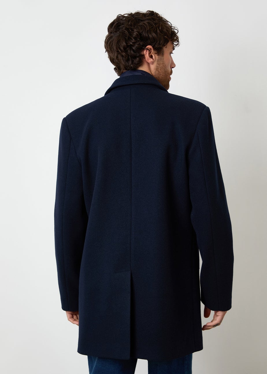 Threadbare Navy Faux Wool Mock Layer Longline Mac