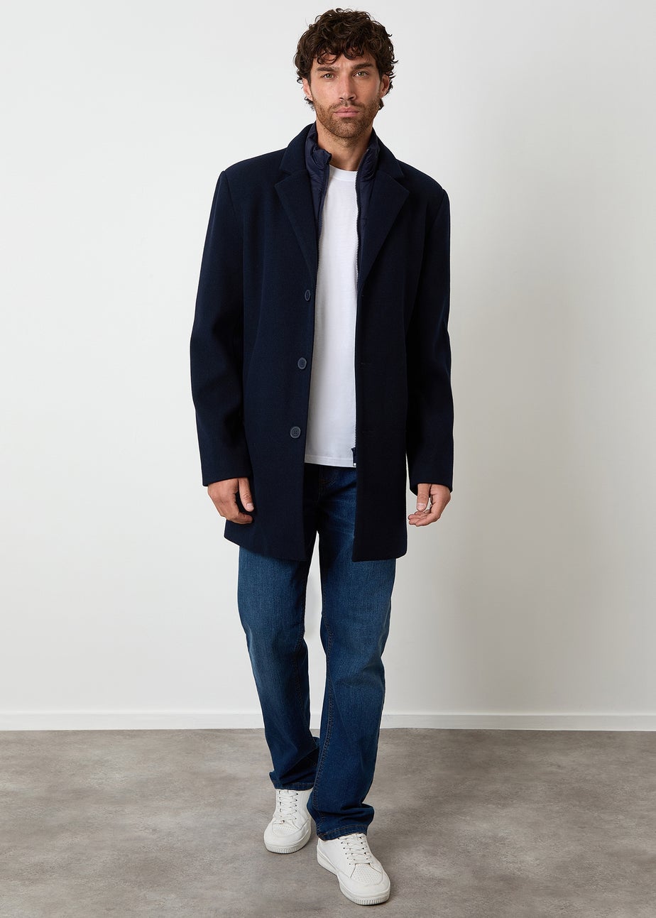 Threadbare Navy Faux Wool Mock Layer Longline Mac