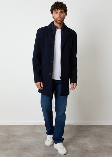 Threadbare Navy Faux Wool Mock Layer Longline Mac