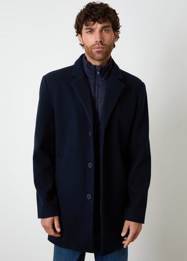 Threadbare Navy Faux Wool Mock Layer Longline Mac