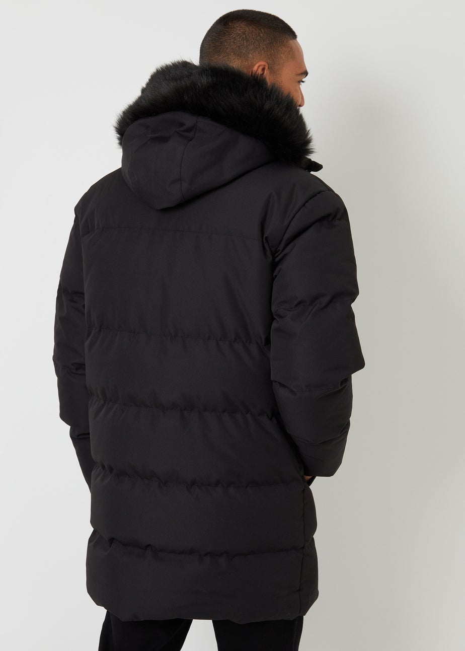 Threadbare Black Showerproof Longline Quilted Parka Jacket