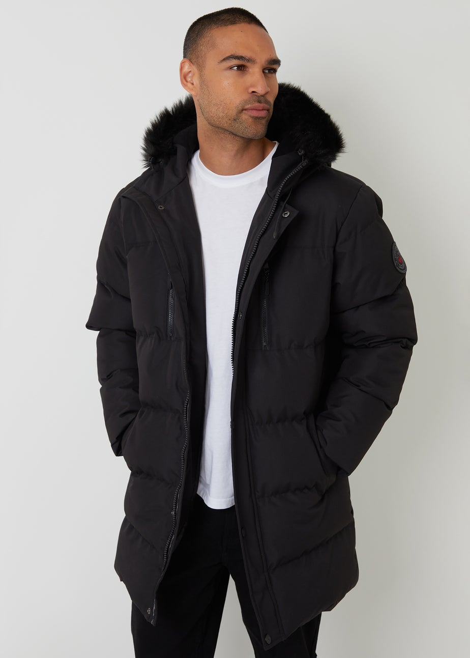 Threadbare Black Showerproof Longline Quilted Parka Jacket