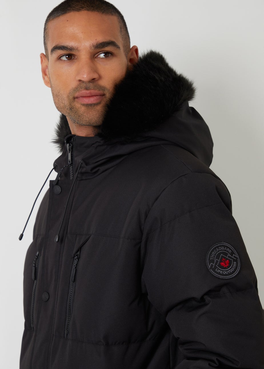 Threadbare Black Showerproof Longline Quilted Parka Jacket