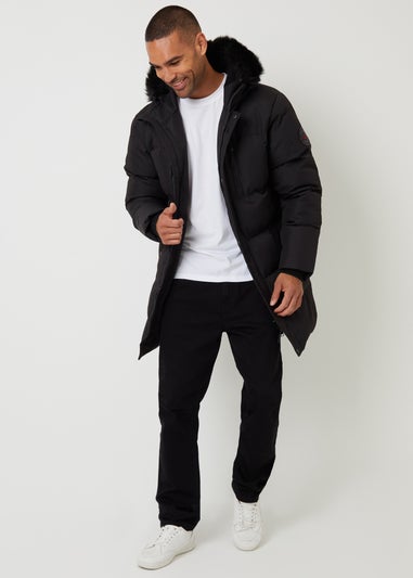 Threadbare Black Showerproof Longline Quilted Parka Jacket