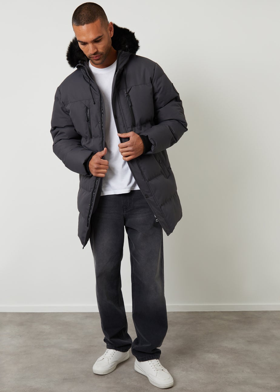 Threadbare Dark Grey Showerproof Longline Quilted Parka Jacket