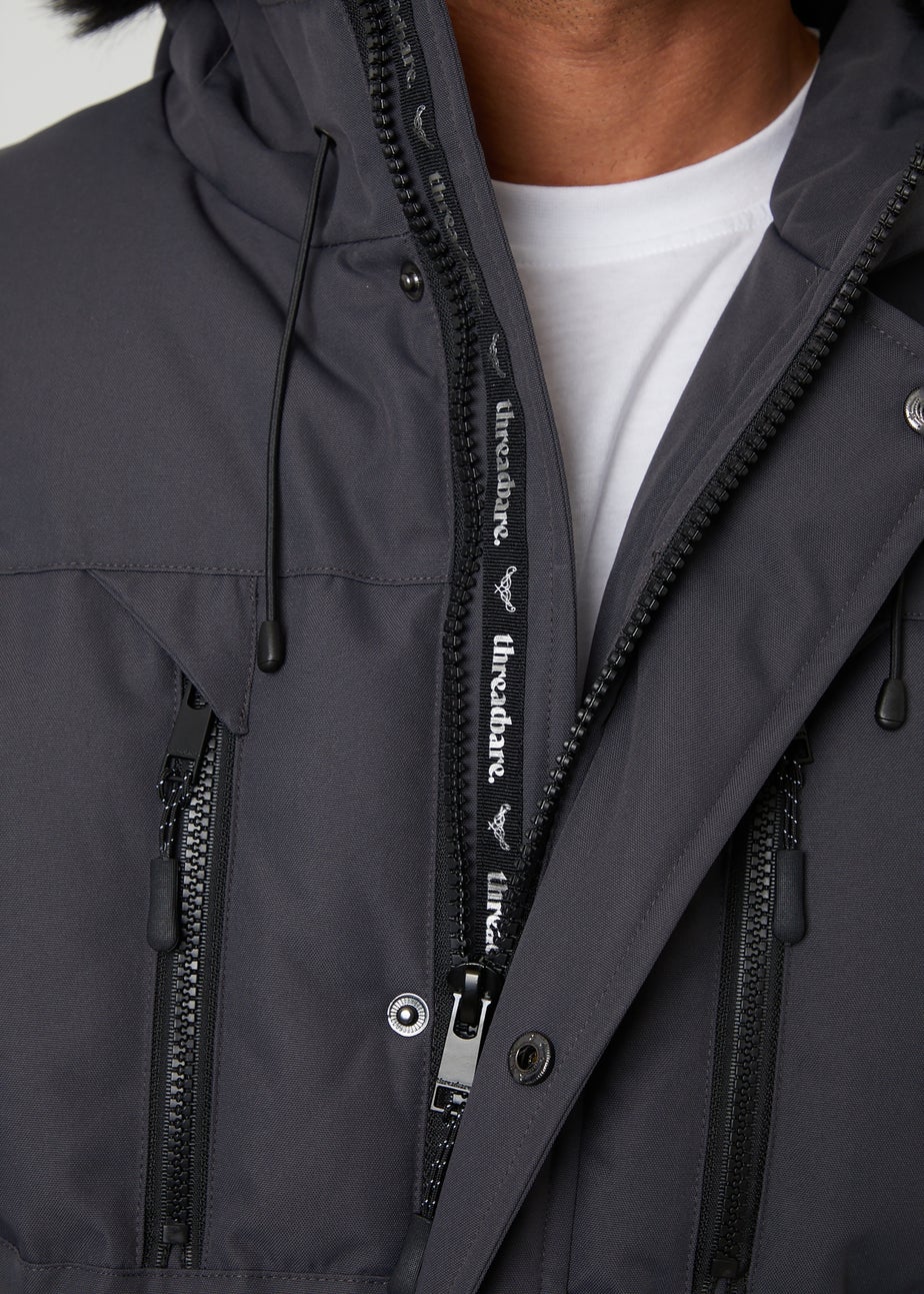 Threadbare Dark Grey Showerproof Longline Quilted Parka Jacket